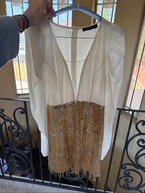 White Deep V Long Sleeve Dress with Gold Sequin Fringe